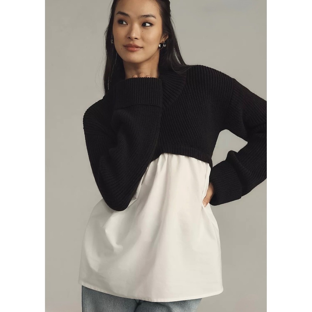 Maeve Mock Neck Babydoll Twofer Sweater Top Women XS Black White Preppy Academia
